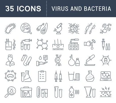 Set Vector Flat Line Icons Bacteria and Virus Free Stock Illustration