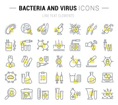 Set Vector Flat Line Icons Bacteria and Virus Free Stock Illustration