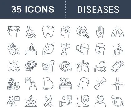 Set Vector Flat Line Icons of Ill Free Stock Illustration