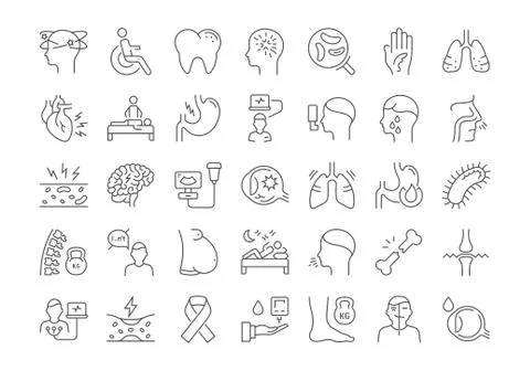 Set Vector Flat Line Icons of Ill Free Stock Illustration