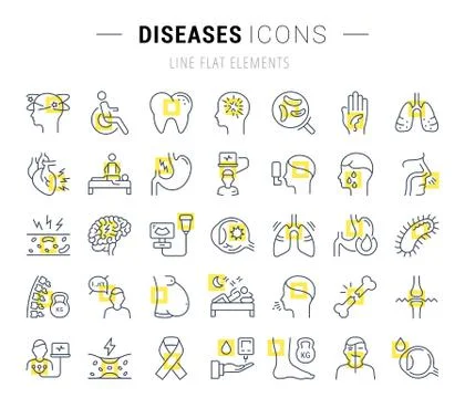 Set Vector Flat Line Icons Diseases Free Stock Illustration