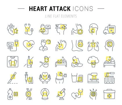 Set Vector Flat Line Icons Heart Attack Free Stock Illustration