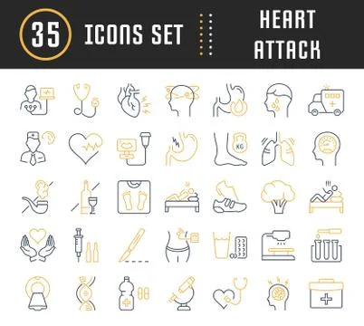 Set Vector Flat Line Icons Heart Attack Free Stock Illustration