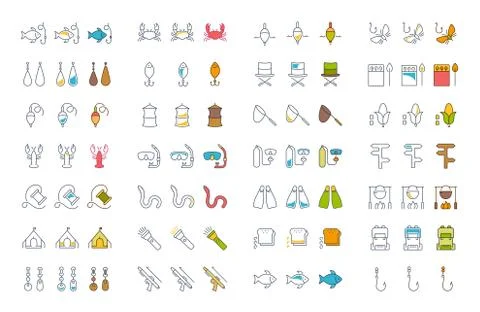 Set Vector Flat Line Icons Fishing 無料イラスト素材