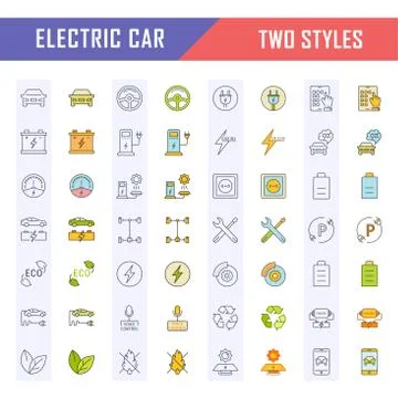 Set Vector Flat Line Icons Electric Cars Free Stock Illustration