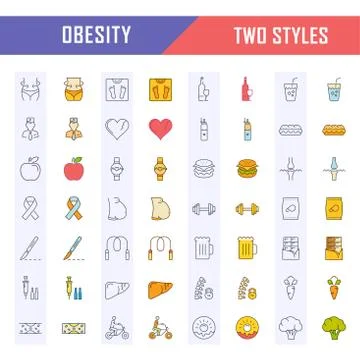 Set Vector Flat Line Icons Obesity Free Stock Illustration