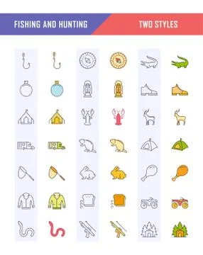 Set Vector Flat Line Icons Fishing and Hunting Free Stock Illustration