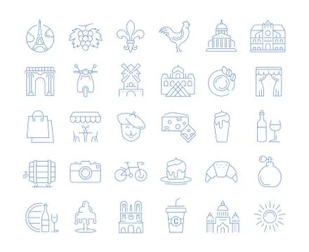Set Vector Flat Line Icons France and Paris Stock Illustration