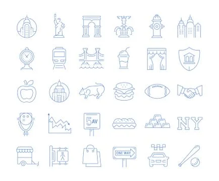Set Vector Flat Line Icons New York 스톡 일러스트