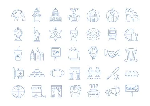 Set Vector Flat Line Icons USA and America Illustrazione stock