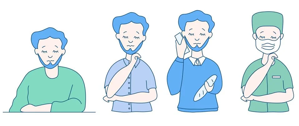 Set of vector flat people. A man with a beard in various poses with his eyes Stock Illustration