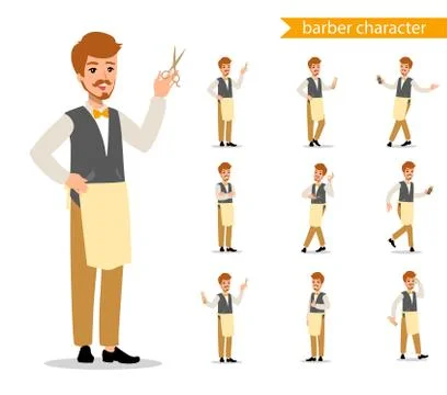 Set of vector flat style character barber guy in different static poses. Isol Stock Illustration
