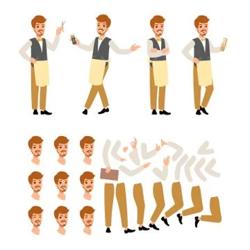 Set of vector flat style character barber guy in different static poses. Isol Stock Illustration