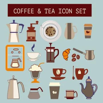 Set of vector flat tea and coffee icons Illustrazione stock