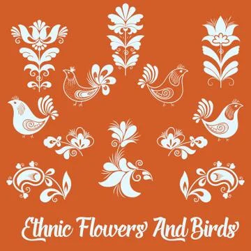 Set of vector floral elements and birds. Hand drawn design elements for cards Stock Illustration