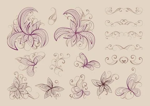 Set of vector floral elements and objects for design Stock Illustration