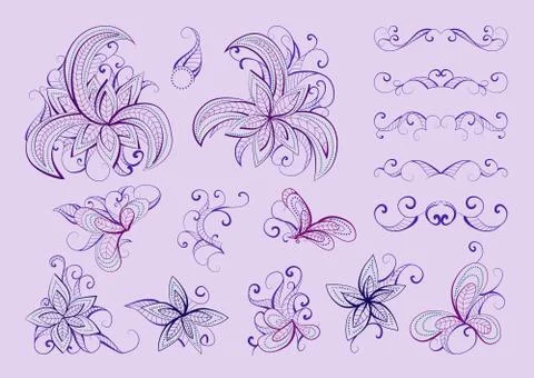 Set of vector floral elements and objects for design 库存插图