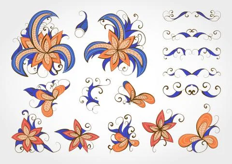 Set of vector floral elements and objects for design Illustrazione stock