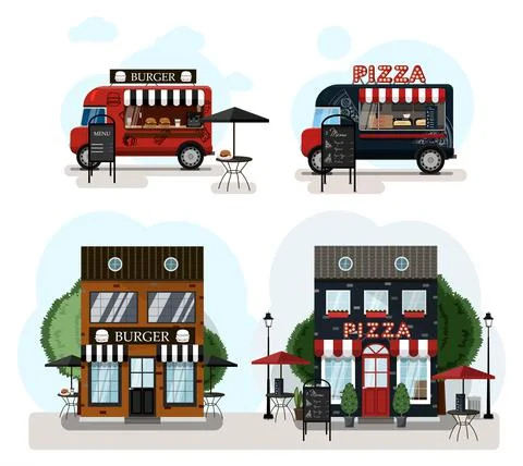 A set of vector food trucks, fast food and cafes. Cartoon burgers cafe and pizza Stock Illustration
