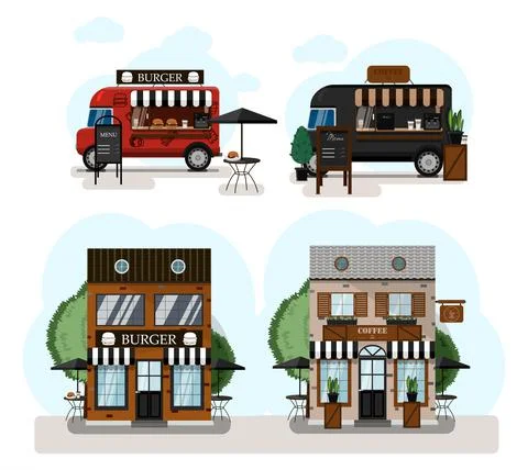 A set of vector food trucks, fast food and cafes. Cartoon burgers cafe and Stock Illustration