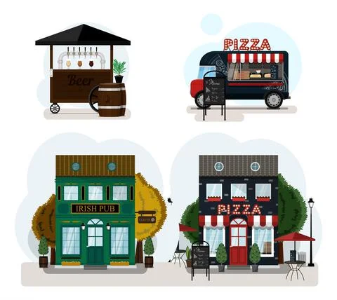 A set of vector food trucks, fast food and irish pub. Cartoon bar, cart and Stock Illustration