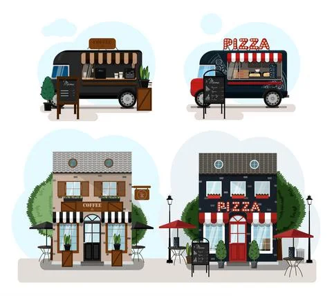 A set of vector food trucks, fast food and cafes. Cartoon pizza cafe and coffee Stock Illustration