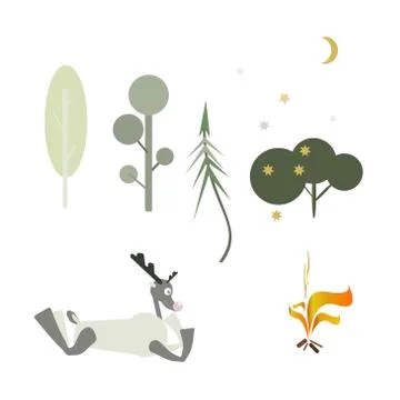 Set of vector forest trees with deer and bonfire.A deer lies by the fire. Stock Illustration