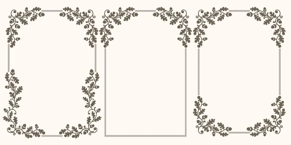 Set of vector frames with oak branches and acorns Illustrazione stock