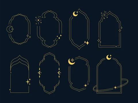 Set of vector frames in oriental style with golden lines, crescents and Stock Illustration
