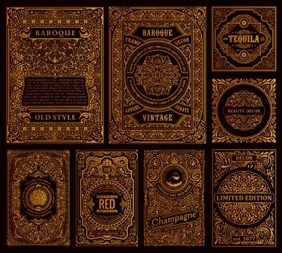 Set of vector frames in vintage style. Gold labels for bottles and packaging Stock Illustration
