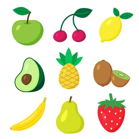 Set of vector fruits and berries. Cartoon flat style. Apple, cherry, lemon Stock Illustration