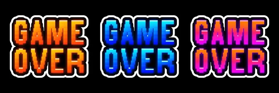 Set of vector game over pixelated signs, retro game style icons, stickers Stock Illustration