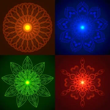 Set of Vector Geometric Bright Glow Mandala Stock Illustration