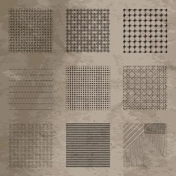 Set of vector geometric grunge patterns on textured background Stock Illustration