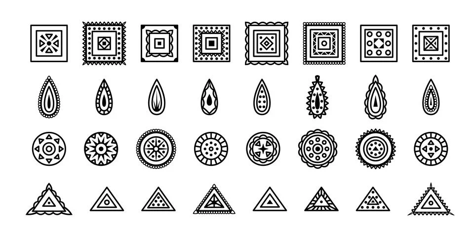 Set of vector geomitrical ornaments in boho style. Stock Illustration