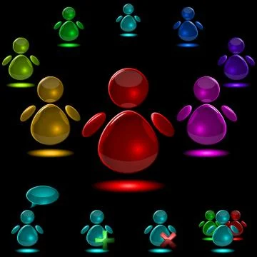 Set of vector glass glowing user figures isolated on black background. Stock Illustration
