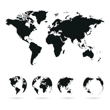 Set of vector globe planet earth with all continents and world map Stock Illustration