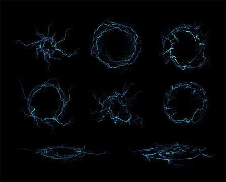 Set of vector glowing round lightning frames. Isolated black background. Stock Illustration