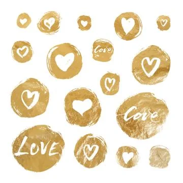 Set of vector gold foil circles with hand drawn hearts and lettering for Ilustração Stock