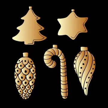 Set of vector gold toys, decorations for xmas tree, in flat style. Clipart fo Illustrazione stock
