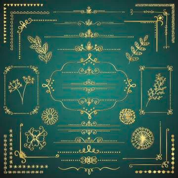Set of Vector Golden Decorative Hand Drawn Design Elements Stock Illustration