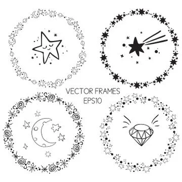 Set of vector graphic circle frames. Wreaths for design, logo template. Stardust Illustrazione stock