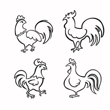 Set of vector graphic illustrations of linear roosters, hens Stock Illustration