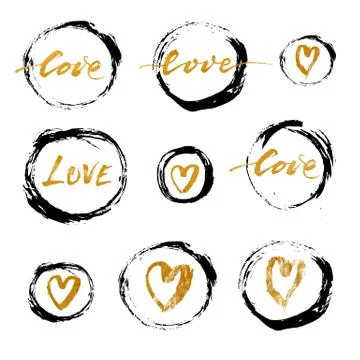 Set of vector grunge ink circles with golden hearts and lettering Stock Illustration