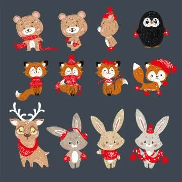 Set of vector had drawn forest animals in red christmas scarf. Stock Illustration
