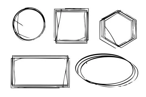 Set vector hand draw sketch multiple line frame, circle square hexagon rect.. Stock Illustration
