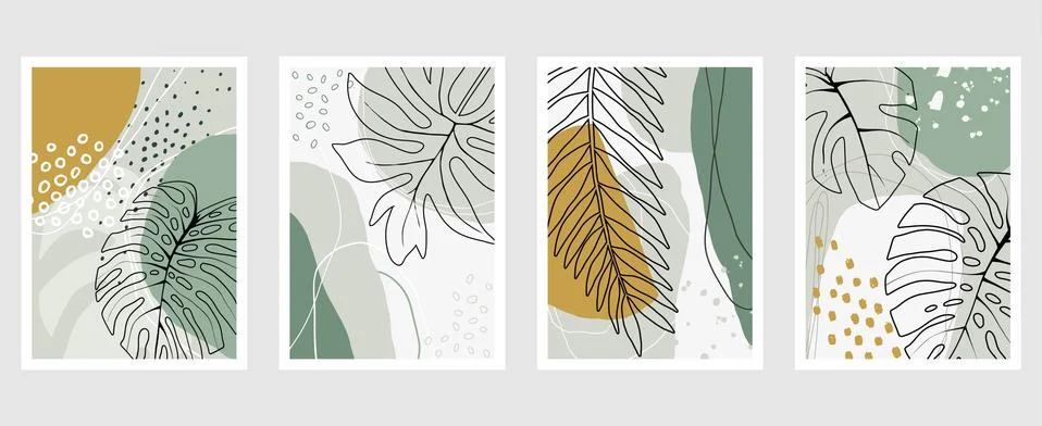 Set of vector hand drawn artistic summer postcards with tropical palm leaves Stock Illustration