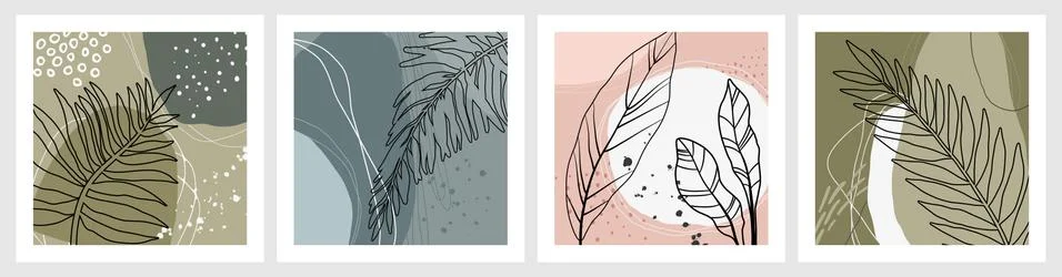 Set of vector hand drawn artistic summer postcards with tropical palm leaves 库存插图