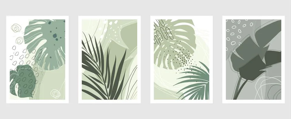 Set of vector hand drawn artistic summer postcards with tropical palm leaves Stock Illustration
