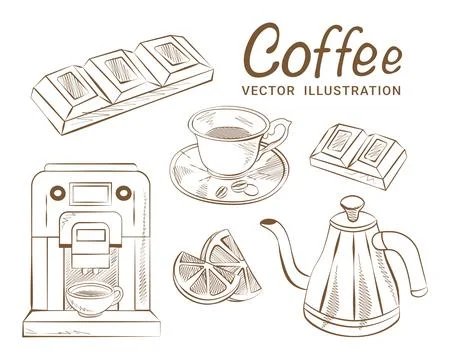 Set of vector hand drawn coffee machine lemon chocolate Stock Illustration